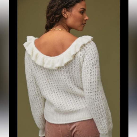 Anthropologie Cream Ruffled Boat Neck Sweater - Picture 2 of 13